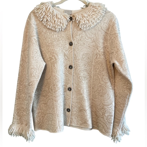 Sigrid Olsen Sweaters - Sigrid Olsen BOHO 100% Wool Beige Paisley Frills Button Sweater Sz L